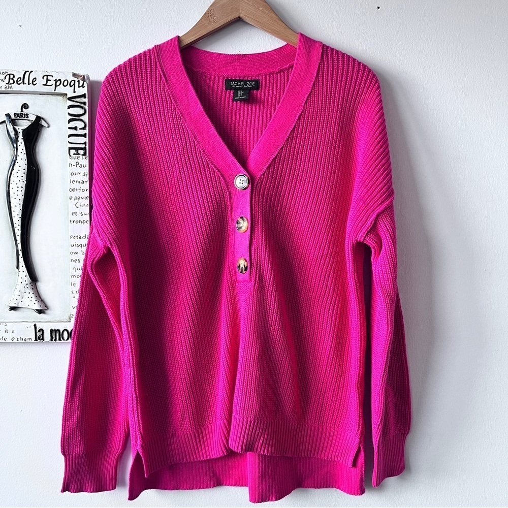 Rachel Zoe Fuchsia Pink Quarter Button Women's V-neck Cozy Knit Sweater Size S